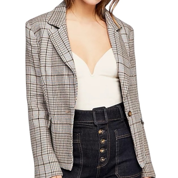 FREE PEOPLE Chess Blazer Jacket Linen-Blend Plaid Tweed Houndstooth Preppy Small - Picture 9 of 9